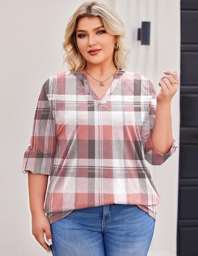 411qL2bjycL._AC_.jpg IN'VOLAND Womens Plus Size Long Sleeve Tops V Neck Plaid Roll Up Shirts Basic Casual Work Blouses