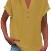 Womens Cotton Linen Shirts Summer Trendy Short Sleeve V-Neck Blouses Tops Button Down Gauze Tees Casual Clothes 2025