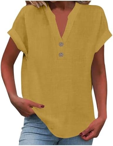 Womens Cotton Linen Shirts Summer Trendy Short Sleeve V-Neck Blouses Tops Button Down Gauze Tees Casual Clothes 2025