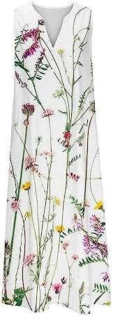 Women's Summer Design Casual Dress Sleeveless V-Neck Dress with Pockets Loose Flowy Swing Pleated Long Beach Dress