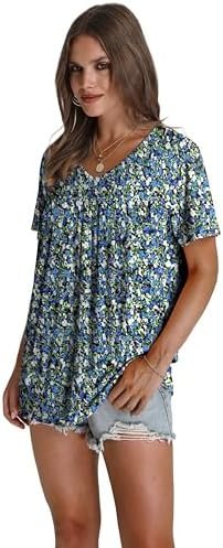 4136IjQsjAL._AC_.jpg WEESO Womens T Shirts Short Sleeve Pleated Dressy Casual V Neck Summer Tops Blouses