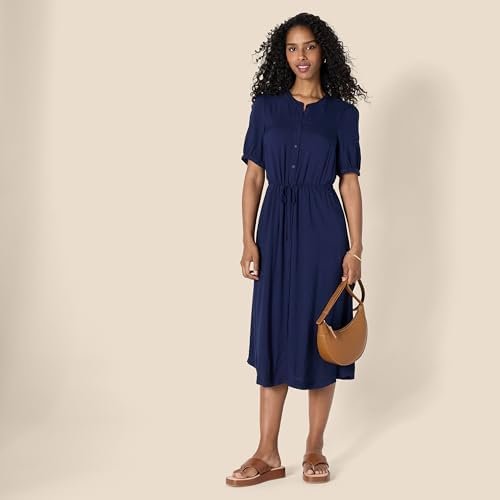 Amazon Essentials Women's Fit and Flare Half-Sleeve Waisted Midi A-Line Dress with Pockets