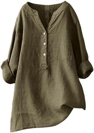 4141B1XHzNL._AC_.jpg Linen Shirts for Women Summer Beach 3/4 Length Sleeve V Neck Button Tops Dressy Casual Tunic Loose Blouse 2025