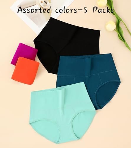 ASIMOON High Waisted Cotton Underwear for Women Plus Size Slight Tummy Control Full Coverage Panties Briefs Ladies Pack