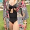Women's Floral Print Puff Sleeve Kimono Cardigan Loose Cover Up Casual Blouse Tops