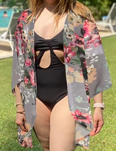 Women's Floral Print Puff Sleeve Kimono Cardigan Loose Cover Up Casual Blouse Tops