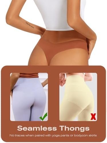 Seamless Thongs for Women No Show Thong V-waisted Stretch Breathable Sexy Panties Underwear 6 Pack