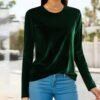 Velvet Tops for Women Long Sleeve Round Neck Shirt Blouse Pullove Solid Casual Tee Shirt Trendy Velvet Tops