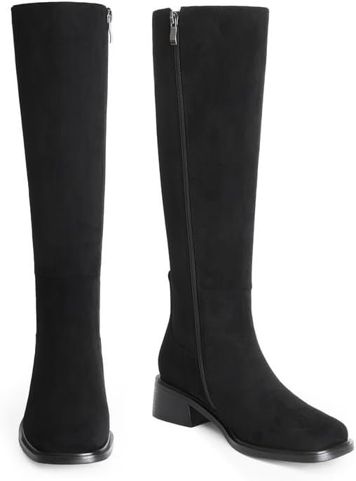 418yzd8GVL._AC_.jpg Knee High Boots Women Faux Leather Elastic Boots Low Heel Square Toe Side Zipper Fall Long Tall Boots for Women