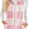 Womens Fashion Plaid Fleece Vest Casual Fuzzy Sleeveless Fuzzy Sherpa Vest Fluffy Zipper Jacket Warm Outerwear