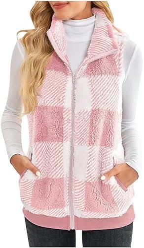 Womens Fashion Plaid Fleece Vest Casual Fuzzy Sleeveless Fuzzy Sherpa Vest Fluffy Zipper Jacket Warm Outerwear