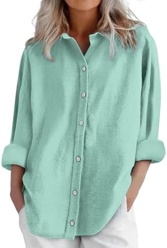 Women's Solid Collared Linen Shirts - 2025 Lightweight Summer Beach Tops, Long Sleeve Boho Button Down Casual Blouses