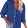LRMQS Linen Shirts for Women with Pockets Long Sleeve Button Down Shirt Blouse Loose Fit Vacation Beach Work Tops Clothes
