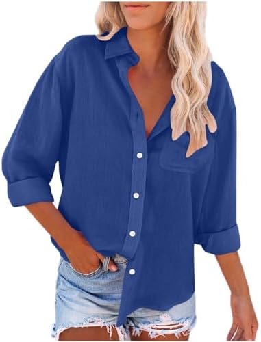 LRMQS Linen Shirts for Women with Pockets Long Sleeve Button Down Shirt Blouse Loose Fit Vacation Beach Work Tops Clothes