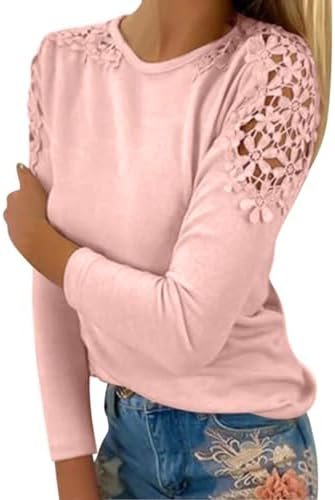Generic Fall Shirts for Women 2024 Trendy Crew Neck Long Sleeves Blouses Tops Dressy Casual Lace Floral Shoulder Basic Shirt