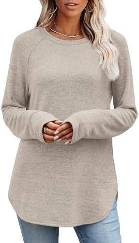 OFEEFAN Long Sleeve Shirts for Women Loose Fit Tunic Tops Dressy Casual Crew Neck Pullover Sweaters Fall Outfits Clothes 2025