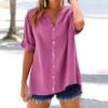Women's Solid V-Neck Linen Shirt - 2025 Lightweight Summer Beach Top, Short Sleeve Boho Button Front Casual Blouse