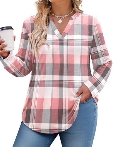 41DxdZN58L._AC_.jpg IN'VOLAND Womens Plus Size Long Sleeve Tops V Neck Plaid Roll Up Shirts Basic Casual Work Blouses