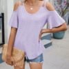 41DkUI6SsmL._AC_.jpg Eyelet Tops for Women Short Sleeve T Shirts Summer Spring Fashion 2025 Trendy Clothes Cold Shoulder Blouses