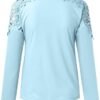 Generic Fall Shirts for Women 2024 Trendy Crew Neck Long Sleeves Blouses Tops Dressy Casual Lace Floral Shoulder Basic Shirt