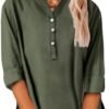 41Er-XChXL._AC_.jpg Linen Shirts for Women 2025 Summer Cotton Button Down Short Sleeve Blouses Casual Oversized Solid Color Tunic Tops