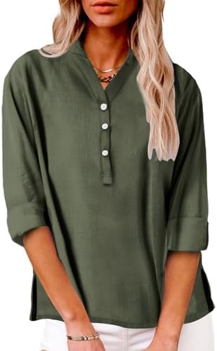 41Er-XChXL._AC_.jpg Linen Shirts for Women 2025 Summer Cotton Button Down Short Sleeve Blouses Casual Oversized Solid Color Tunic Tops