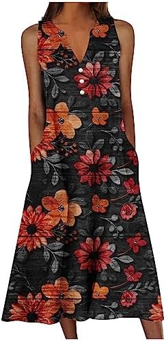 Women's Summer Design Casual Dress Sleeveless V-Neck Dress with Pockets Loose Flowy Swing Pleated Long Beach Dress