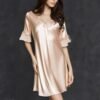 Nightwear Dress for Womens Lightweight Soft Fake Silk Dress Sexy Lace Patchwork Half Sleeve V Neck Mini Sleepwear