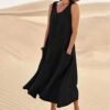 Women's Summer Cotton Linen Long Dress Sleeveless Elegant Flowy Dresses Plus Size Loose Comfy Dress with Pockets