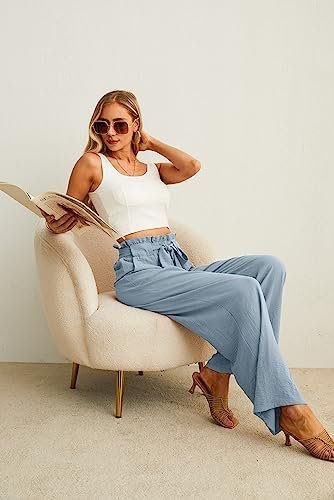 IWOLLENCE Women's Wide Leg Pants with Pockets High Waist Adjustable Knot Loose Casual Trousers Business Work Casual Pants