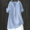 Linen Shirts for Women Short Sleeve V Neck Summer Beach Tops Casual Loose Fit Boho Tshirts with Buttons & Pockets