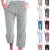 Capri Pants for Women Casual Summer Cotton Linen Capris Drawstring Elastic High Waist Pants Wide Leg Cropped Trouser 2025 New