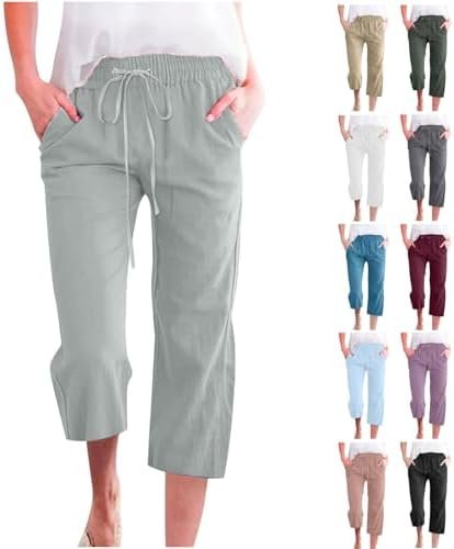 Capri Pants for Women Casual Summer Cotton Linen Capris Drawstring Elastic High Waist Pants Wide Leg Cropped Trouser 2025 New