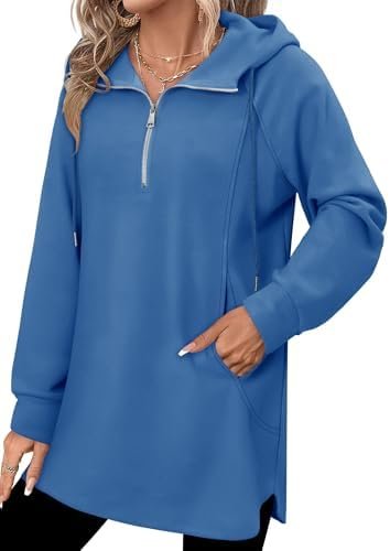 onlypuff Women Hoodie Pullover Trendy Quarter Zipper Lapel Sweatshirts Drawstring Cute Hooded Tunic Tops with Side Pockets