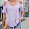 41HlL-4te0L._AC_.jpg Eyelet Tops for Women Short Sleeve T Shirts Summer Spring Fashion 2025 Trendy Clothes Cold Shoulder Blouses