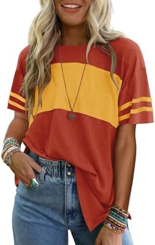 Angerella Womens Color Block Tops 2025 Summer Striped Short Sleeve T-Shirt Casual Crewneck Tunic Blouses Loose Fitted