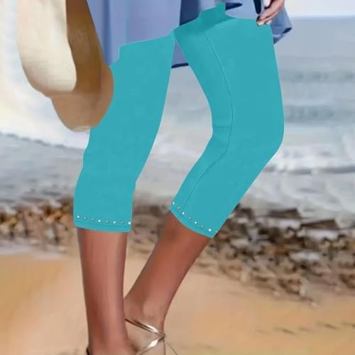 Capri Leggings for Women 2025 Summer Rhinestone Trim High Waisted Capri Yoga Pants Workout Comfy Compression Joggers