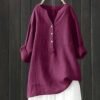 Linen Shirts for Women 3/4 Sleeve V Neck Blouses Buttons Plus Size Loose Fit T-Shirts Solid Color Summer Holiday Tops