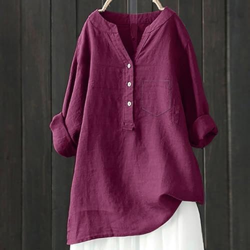 Linen Shirts for Women 3/4 Sleeve V Neck Blouses Buttons Plus Size Loose Fit T-Shirts Solid Color Summer Holiday Tops
