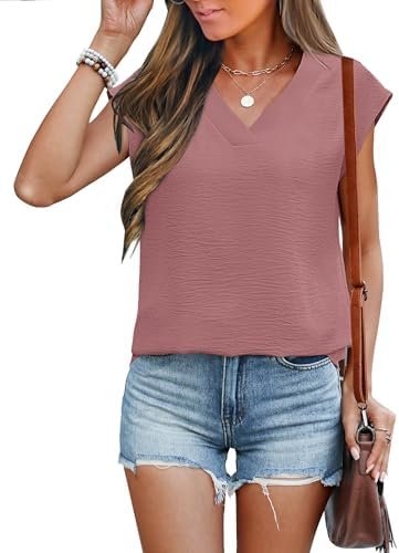 ANRABESS Women Tops Cap Sleeve Textured Dressy Casual V Neck Shirts 2025 Summer Business Work Blouses Outfits
