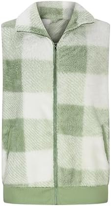 Womens Fashion Plaid Fleece Vest Casual Fuzzy Sleeveless Fuzzy Sherpa Vest Fluffy Zipper Jacket Warm Outerwear
