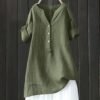 Boho Linen Shirts for Women 2025 Gauze Short Sleeve V Neck Button Loose Fit Blouses Vacation Dress Casual Tunic Tops