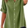 Linen Shirts for Women Trendy Button Down Work Plus Size V Neck Boho Clothes Summer Tops for Seniors 2025