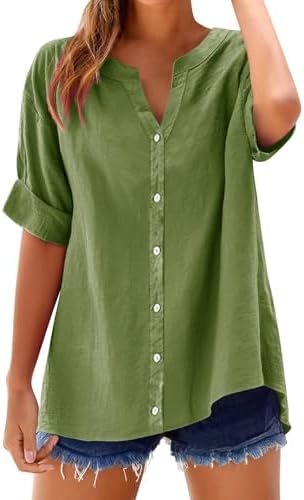 Linen Shirts for Women Trendy Button Down Work Plus Size V Neck Boho Clothes Summer Tops for Seniors 2025