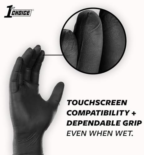 1st Choice Black Nitrile Gloves, Disposable, Latex-Free, 6 Mil, Textured, Industrial, for Mechanics, Cleaning, Automotive Use