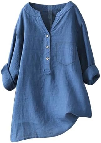 41N5UXqkQRL._AC_.jpg Linen Shirts for Women 2025 Buttons V Neck Cloths Long Sleeve Pockets Tshirt Trendy Dressy Blouses Casual Tunic Tops