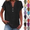 41NddROXxFL._AC_.jpg Summer Tops for Women 2025 Casual Short Sleeve Cotton Linen Shirts Button V Neck Tunic Blouse Beach Vacation Clothes