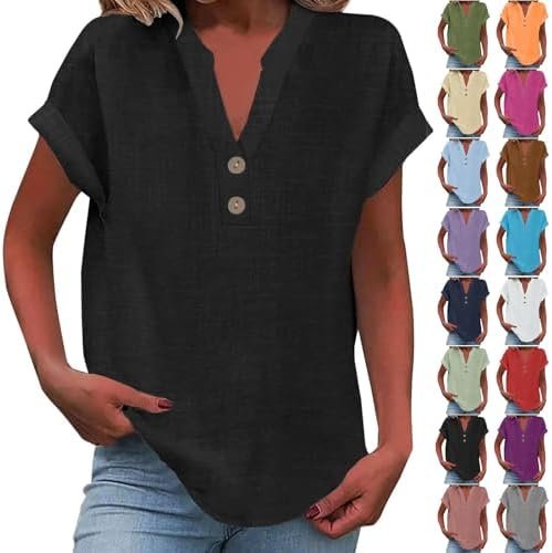 41NddROXxFL._AC_.jpg Summer Tops for Women 2025 Casual Short Sleeve Cotton Linen Shirts Button V Neck Tunic Blouse Beach Vacation Clothes