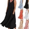 Women's Summer Cotton Linen Long Dress Sleeveless Elegant Flowy Dresses Plus Size Loose Comfy Dress with Pockets