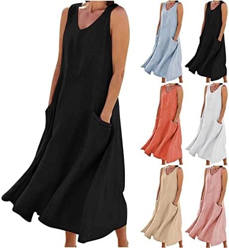 Women's Summer Cotton Linen Long Dress Sleeveless Elegant Flowy Dresses Plus Size Loose Comfy Dress with Pockets